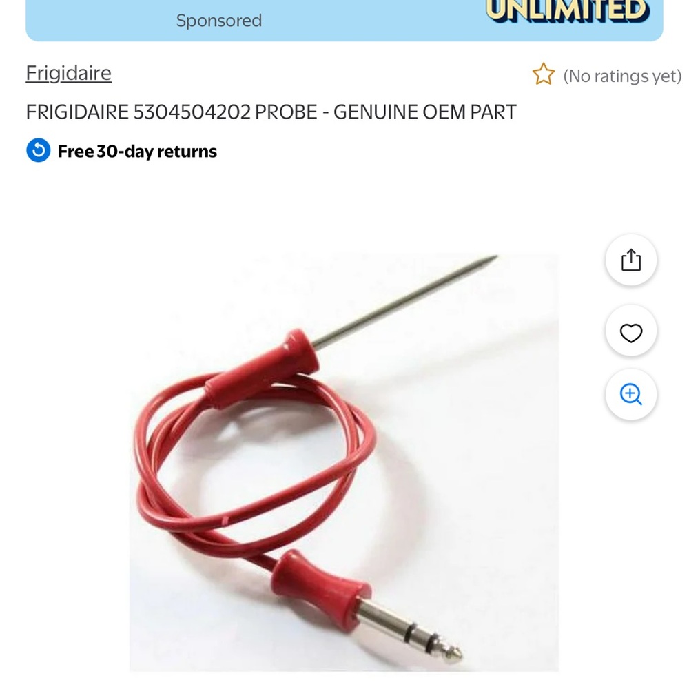 Frigidaire Red Temperature Probe - Genuine OEM Part
